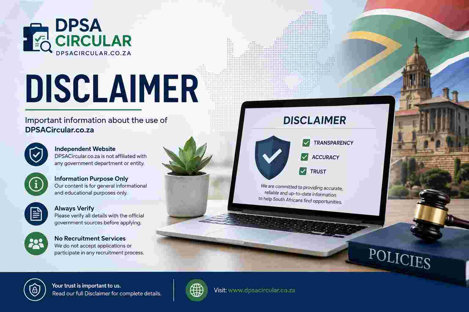 Professional disclaimer banner for DPSACircular.co.za highlighting that the website is independent, not affiliated with the South African Government, and provides informational content about government jobs, internships, learnerships, and bursaries