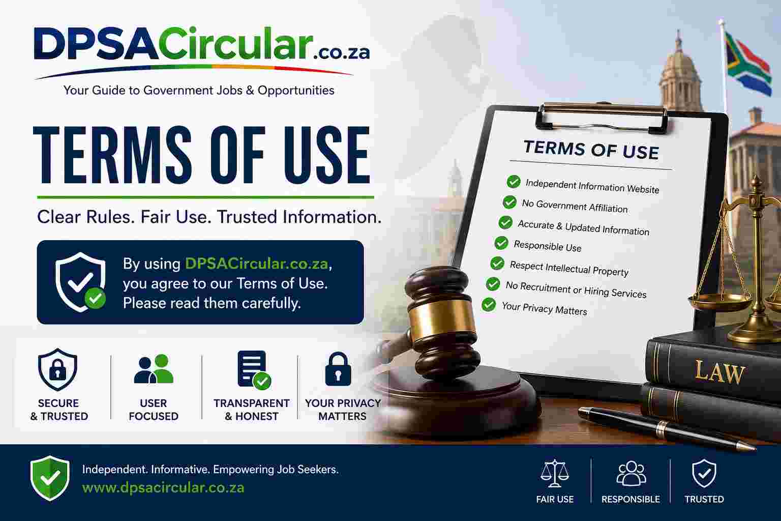Terms of Use banner for DPSACircular.co.za featuring the website logo, legal document, gavel, scales of justice, and security icons, highlighting transparent policies and independent government job information in South Africa.