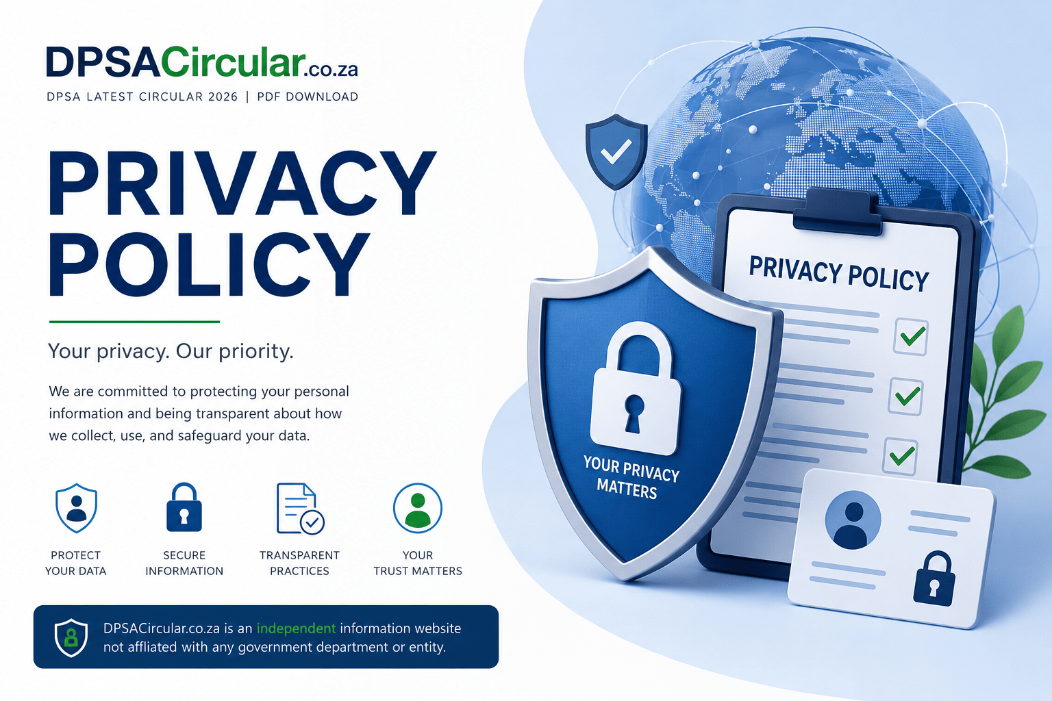 Privacy Policy page illustration for DPSACircular.co.za showing a security shield, privacy checklist, and secure data protection. DPSACircular.co.za is an independent South African government jobs information website and is not affiliated with the Department of Public Service and Administration or the Government of South Africa.
