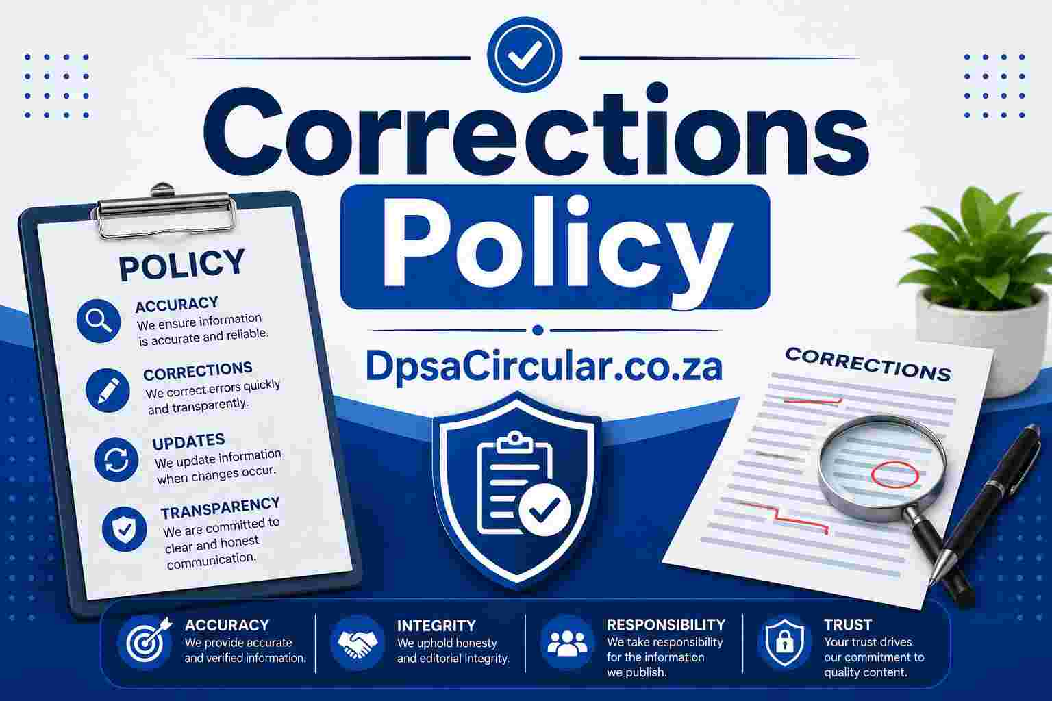Corrections Policy for DPSACircular.co.za showing a policy checklist, document review, accuracy checks and verification symbols