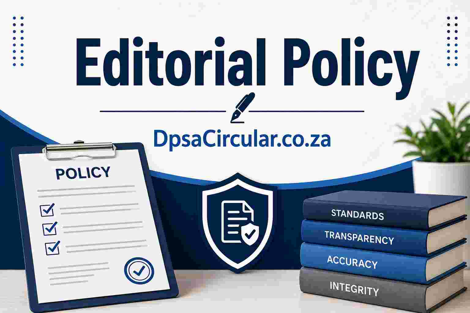 Editorial Policy for DPSACircular.co.za featuring a policy document, verification shield, and books representing accuracy, transparency, standards, and integrity