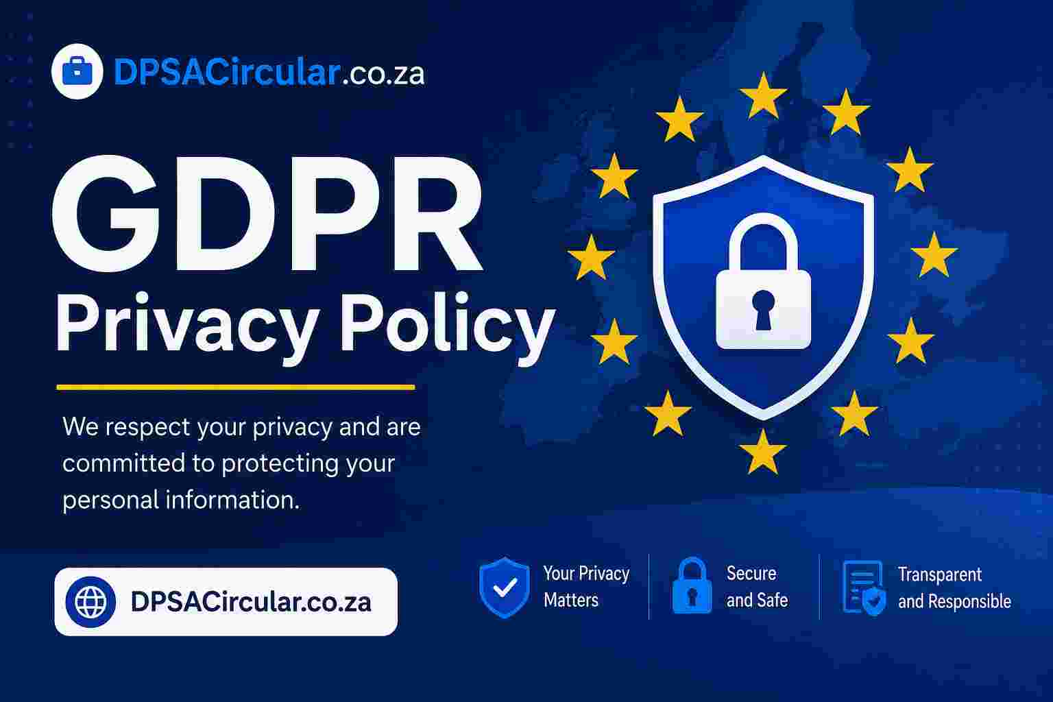 GDPR Privacy Policy page for DPSACircular.co.za with a privacy shield and lock symbol