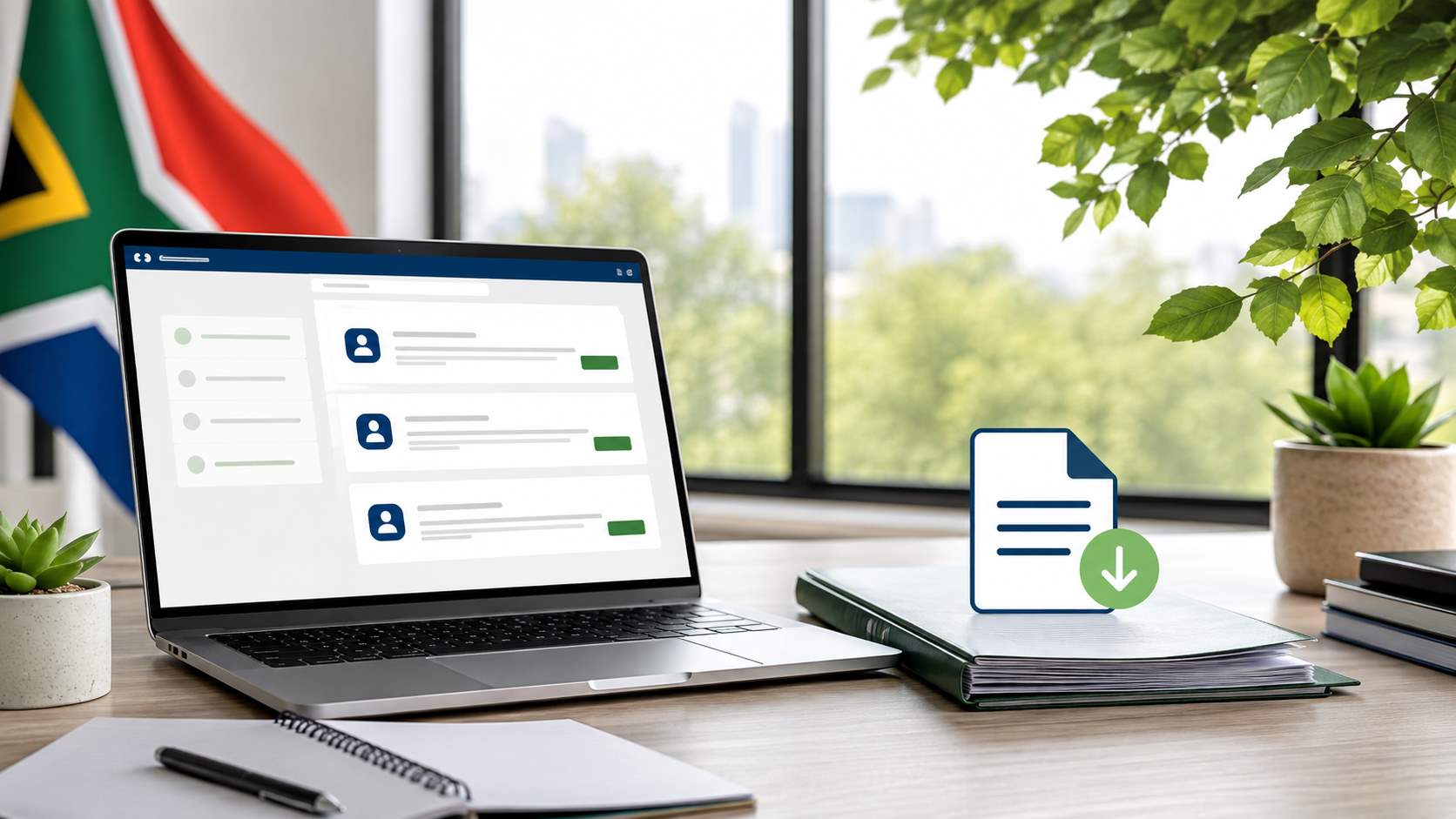 Laptop displaying a generic government job recruitment interface with a PDF download icon in a professional office setting with South African flag and greenery