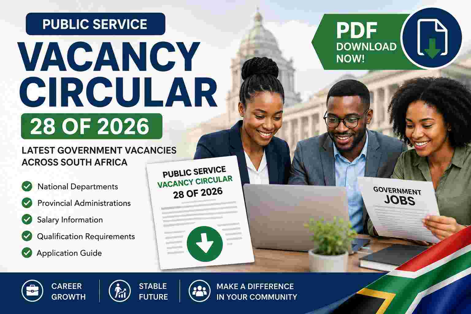 Public Service Vacancy Circular 28 of 2026 featuring South African government job opportunities across national departments and provincial administrations.