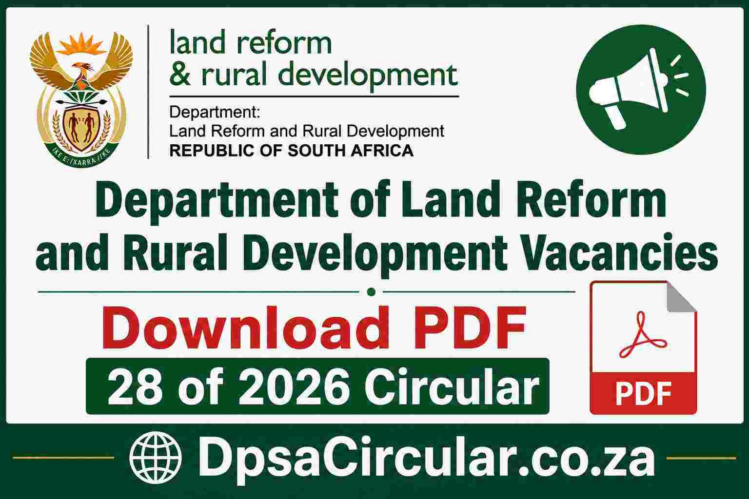 Department of Land Reform and Rural Development Vacancies Circular 28 of 2026 notice document.