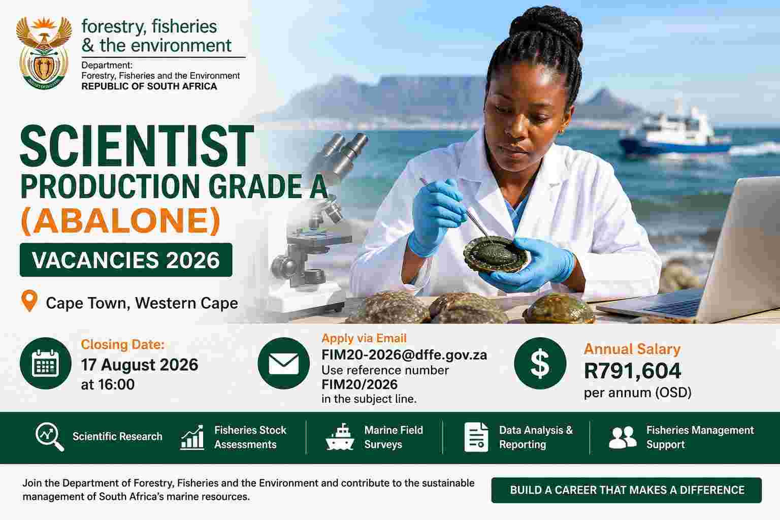 Official DFFE Scientist Production Grade A (Abalone) vacancy advertisement PDF from DPSA Circular 27 of 2026.