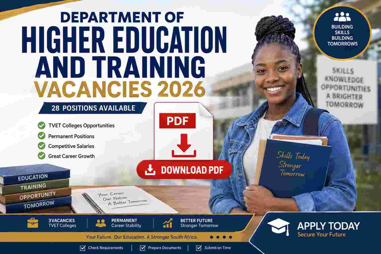 advertisement for Department of Higher Education and Training vacancies 2026 PDF download showing TVET college jobs.