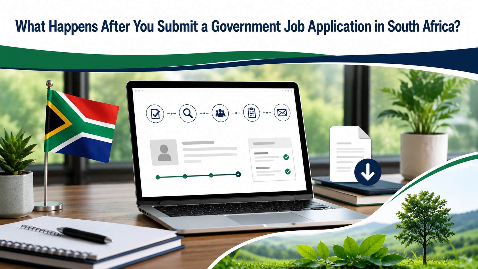 Official Republic of South Africa Z83 employment application form and job application documents placed on a desk.