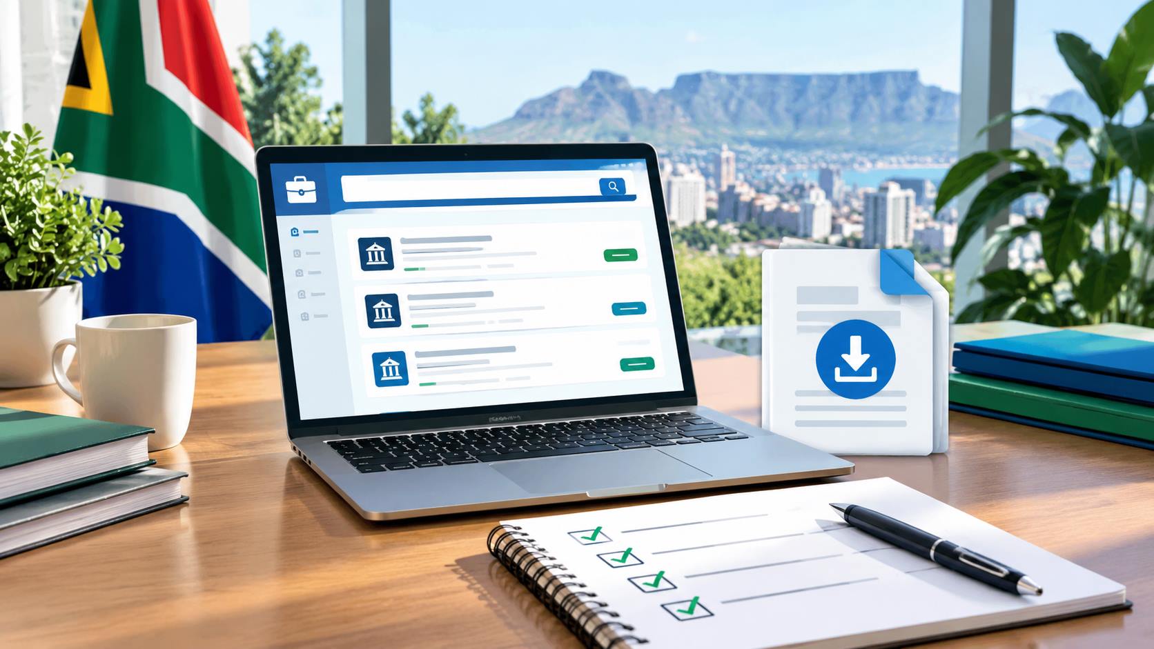 A person checking off a South African government job application checklist with a laptop open to the DPSA vacancy circular.