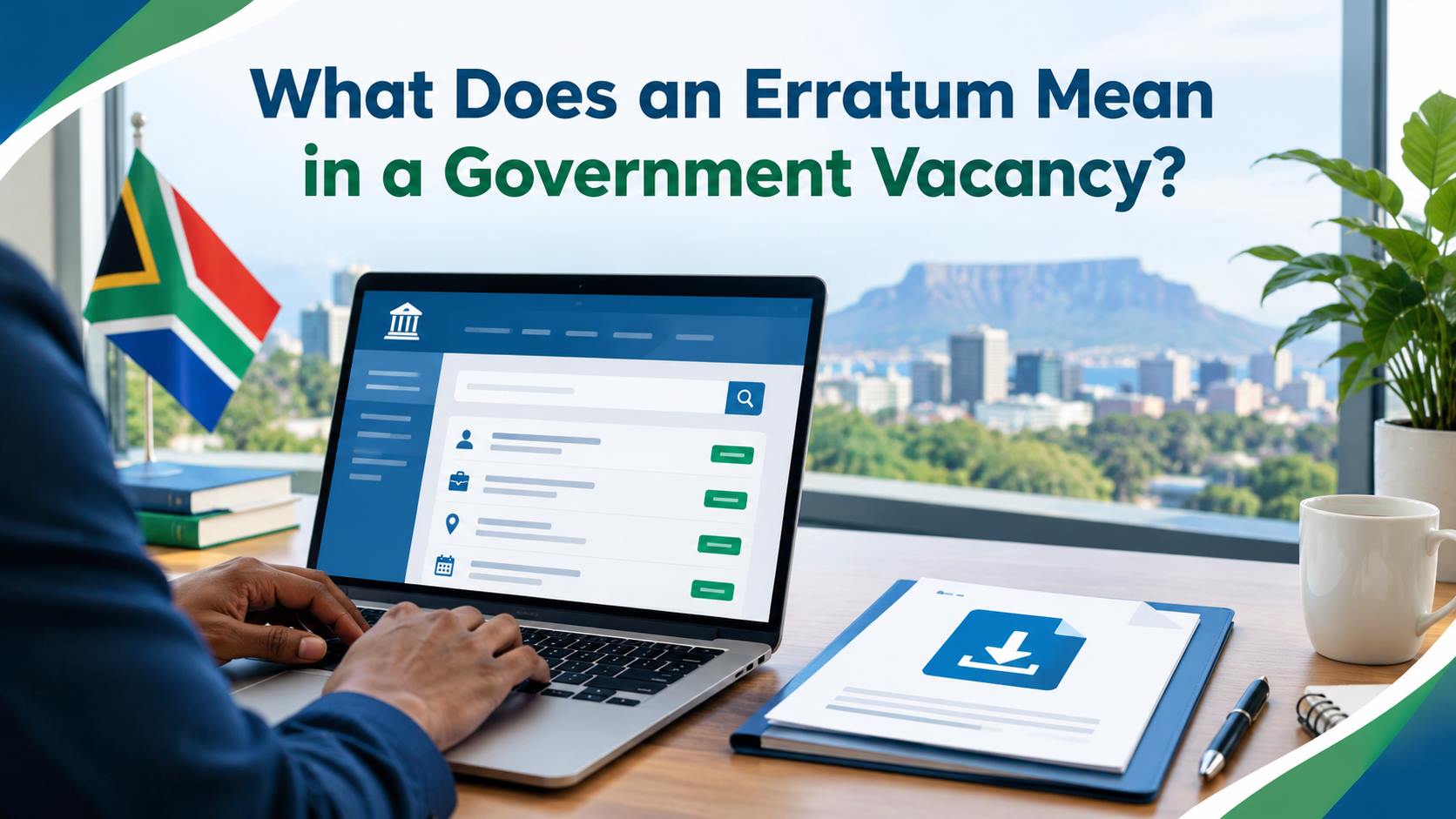A South African government vacancy circular on a digital screen with a magnifying glass highlighting an erratum correction notice.