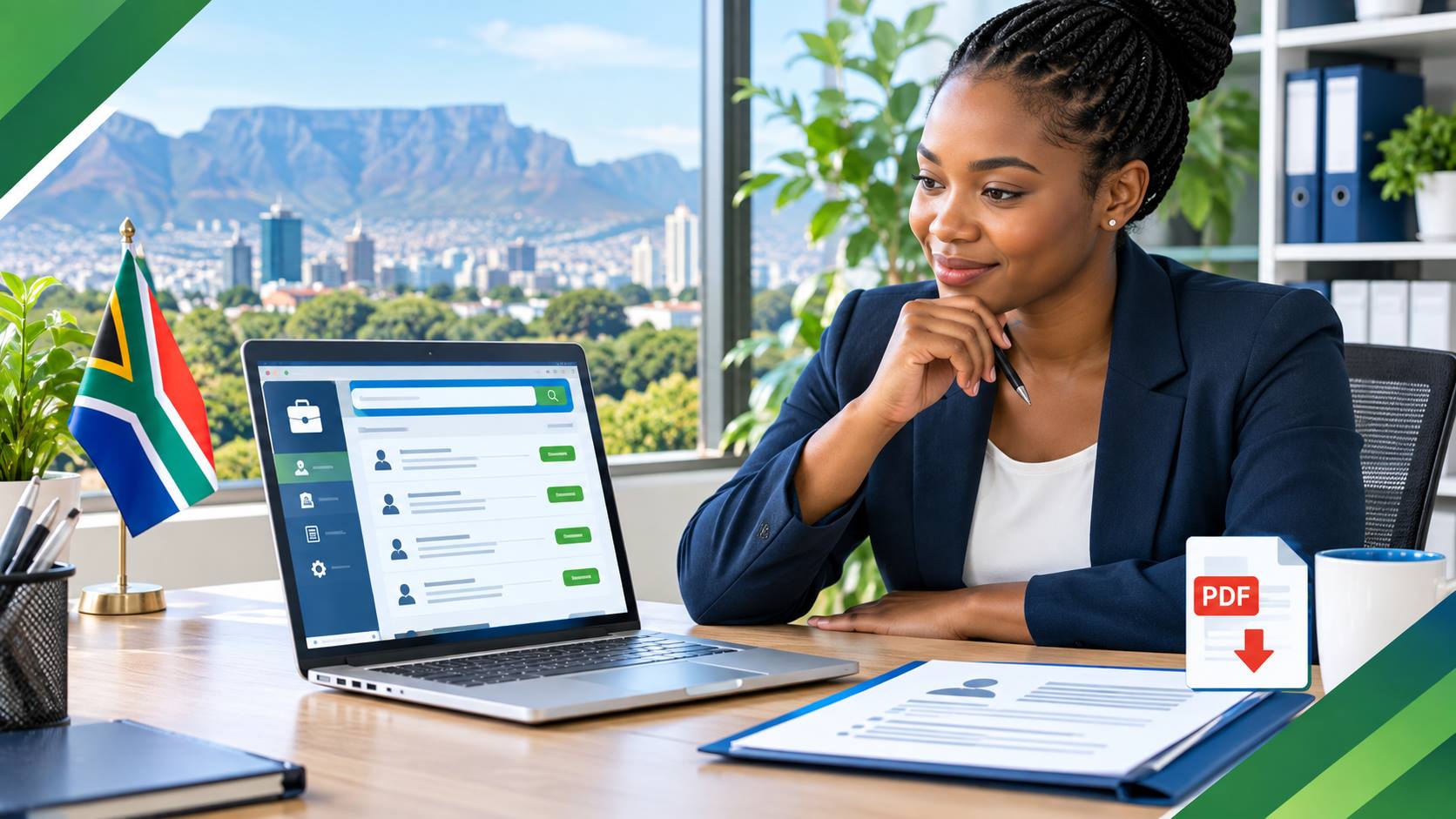 A professional South African woman working at her desk in a modern corporate office, representing government administration jobs.